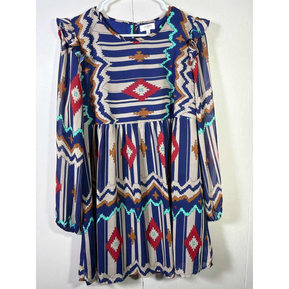 Umgee USA Southwestern Tribal Print Ruffle Babydoll Dress L Aztec Rodeo Western
